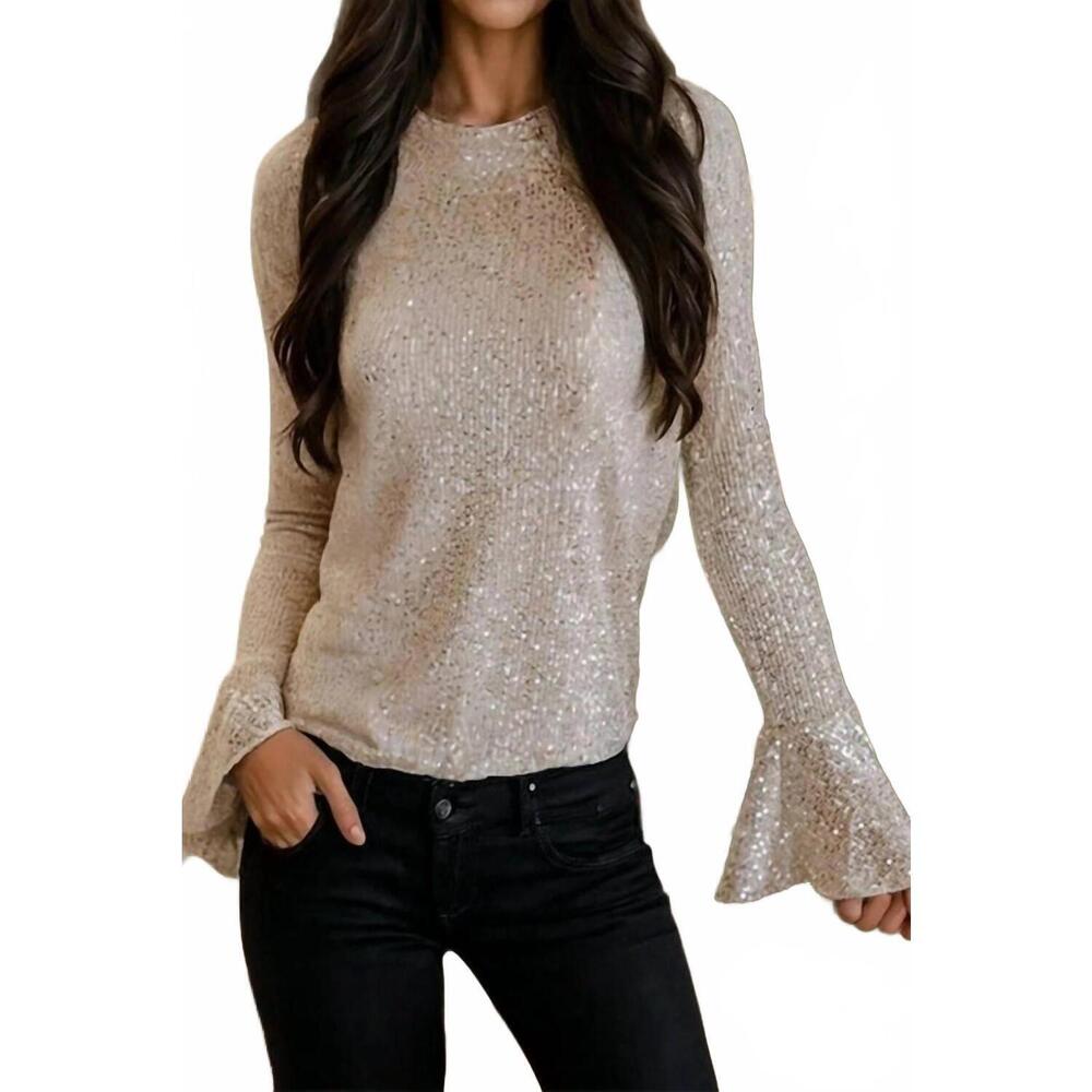 NEW AAPPARELLA festive sequin mock neck blouse in jet stream